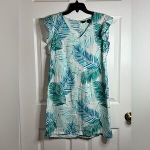 Tahari NWT Women's Palm Leaf Print 100% Linen Flutter Sleeve Shift Dress Small